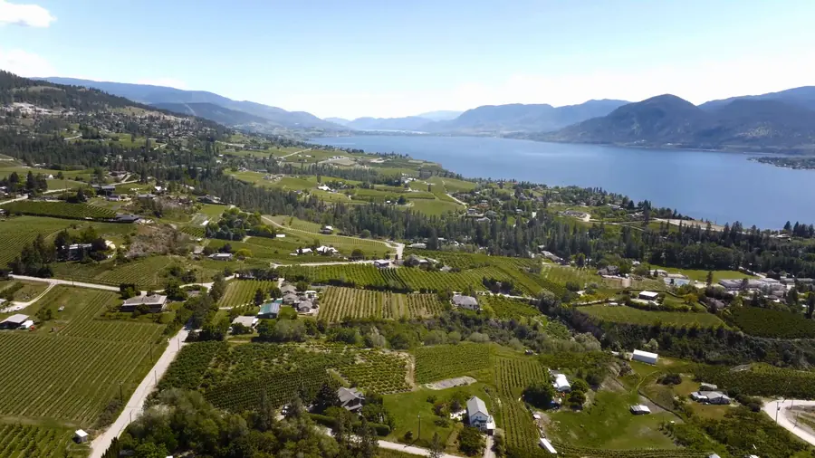 Okanagan Lake and the west side of the bridge, seen from above West Kelowna